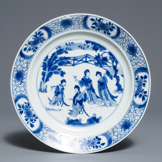 A Chinese blue and white dish with long Eliza playing music, Kangxi