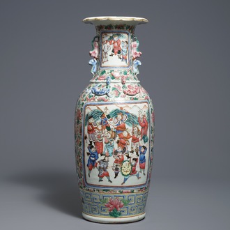 A Chinese famille rose vase with warriors and court scenes, 19th C.