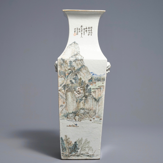 A square Chinese qianjiang cai landscape vase, Wang Youtang, early 20th C.