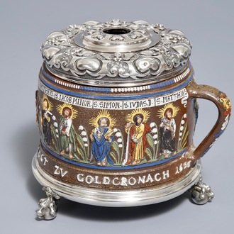 A Creussen stoneware mug dated 1656 with later Russian Fabergé silver mounts