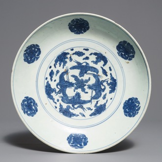 A Chinese blue and white 'cranes' dish, Jiajing mark and of the period