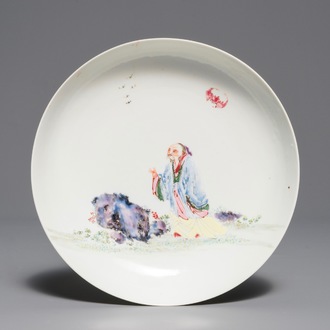 A fine Chinese famille rose eggshell plate with a scholar, Yongzheng