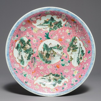 A Chinese famille rose dish with landscape medallions, Qianlong mark, Republic, 20th C.