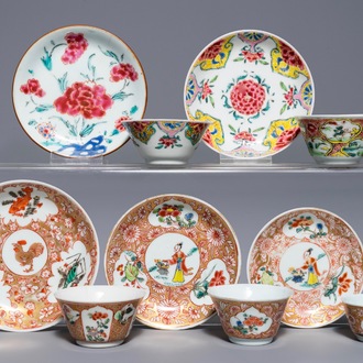 Five Chinese famille rose cups and saucers, Yongzheng/Qianlong