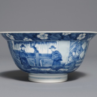 A Chinese blue and white bowl with figures in a garden, Kangxi mark and of the period