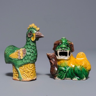 Two Chinese verte biscuit waterdroppers shaped as a rooster and a lion, Kangxi