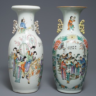 Two Chinese famille rose two-sided design vases, 19/20th C.