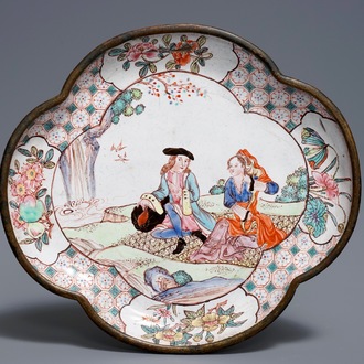 A Chinese Canton enamel quatrefoil 'Europeans' dish, Qianlong