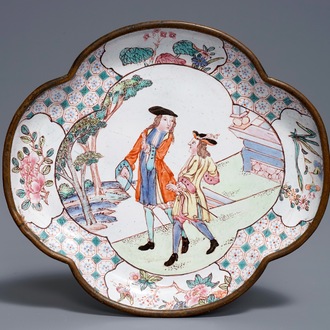 A Chinese Canton enamel quatrefoil 'Europeans' dish, Qianlong