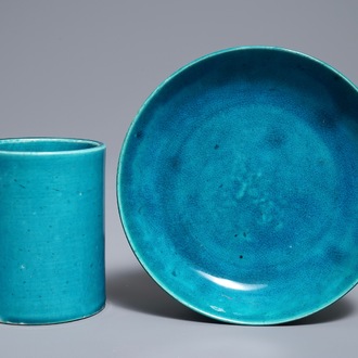 A Chinese monochrome turquoise-glazed brush pot and a plate, Kangxi