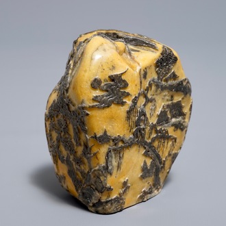 A Chinese carved Shoushan soapstone boulder with landscape design, 19/20th C.