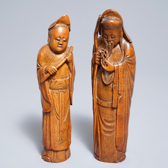 Twee Chinese bamboe figuren, 19e eeuw