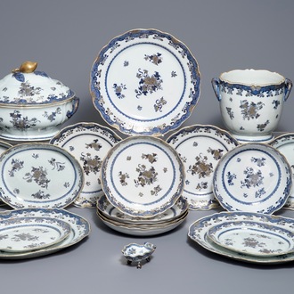 A Chinese blue, white and gilt part service, Qianlong