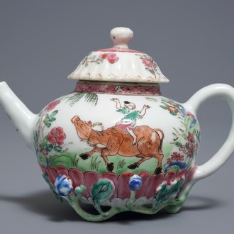 A Chinese famille rose teapot and cover with applied decoration of flowers and vines, Yongzheng