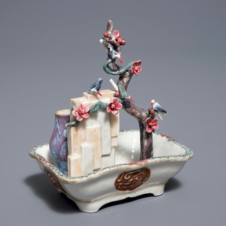 A Chinese famille rose basin with birds, prune tree and a vase, Qianlong