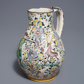 A Habaner pottery jug with a hunting scene, monogram IL, Slovakia, 18th C.