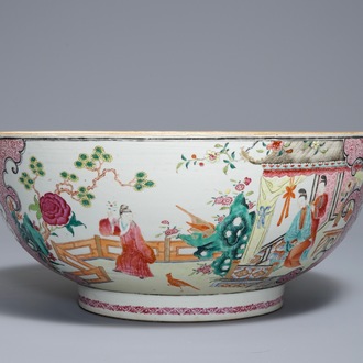 A large Chinese famille rose bowl with figures in a garden, Yongzheng