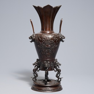 A tall Japanese bronze koro incense burner, Meiji, 19th C.