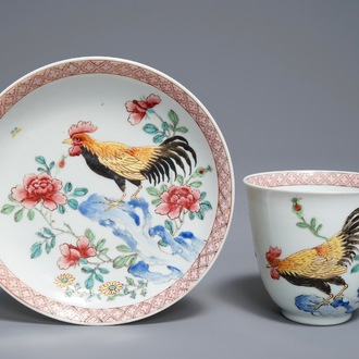 A Chinese famille rose cup and saucer with roosters, Yongzheng