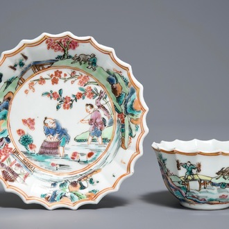 A Chinese famille rose cup and saucer with fishermen, Yongzheng