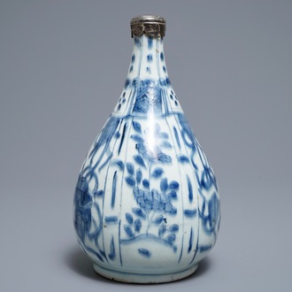 A Chinese blue and white silver-mounted bottle vase, Wanli