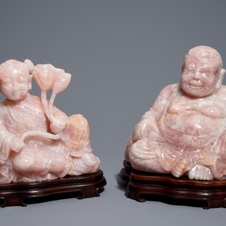 Two large Chinese pink quartz figures on wooden stands, 20th C.