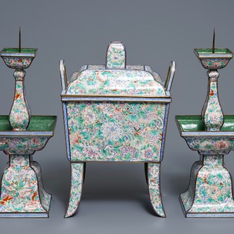 A Chinese millefleurs Canton enamel three-piece altar garniture, Qianlong