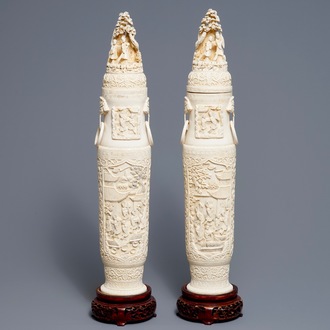A pair of large Chinese ivory vases and covers, ca. 1900