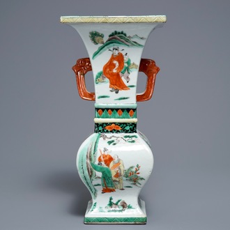 A square Chinese famille verte vase, Kangxi mark, 19/20th C.