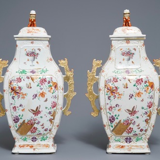 A pair of Chinese famille rose dragon-handle vases, Qianlong