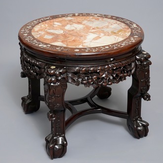 A Chinese wooden stand with marble top and mother of pearl inlay, 19/20th C.