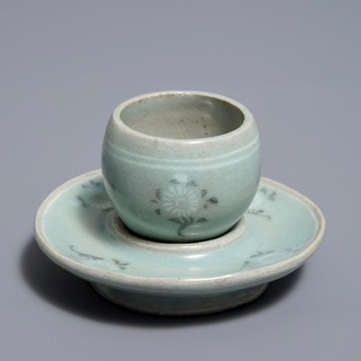 A Korean celadon-glazed decorated cup on stand, Goryeo or later