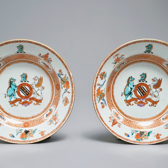 A pair of Chinese English market verte-Imari armorial soup plates, arms of Yonge, Yongzheng