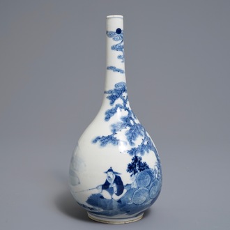 A Chinese blue and white bottle vase with a fisherman, 19th C.