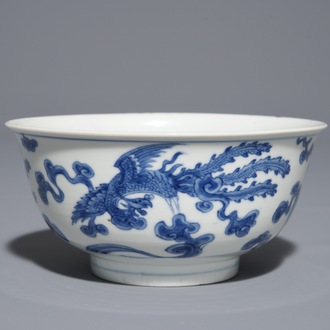 A Chinese blue and white 'phoenix' bowl, Chenghua mark, Kangxi