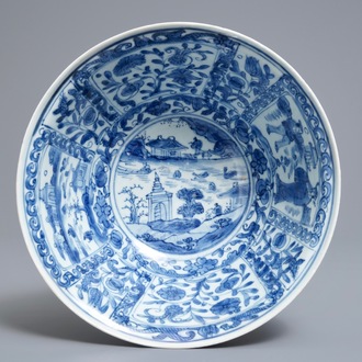 A Chinese blue and white figurative panel bowl, Wanli