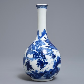 A Chinese blue and white bottle vase with figures in a landscape, Kangxi