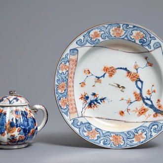 A Chinese Imari style teapot and a plate with bird on parchment design, Kangxi/Yongzheng