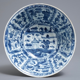 A Chinese blue and white figurative panel bowl, Wanli