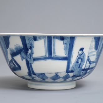 A Chinese blue and white bowl with figures in a room, Xuande mark, Kangxi