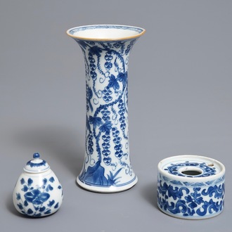 A Chinese blue and white inkwell and two vases, Kangxi