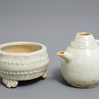 A small Chinese qingbai tripod censer and a water dropper, Song or Yuan