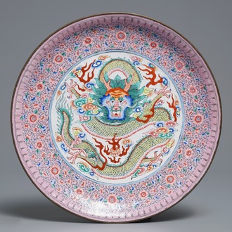 A Chinese Canton enamel 'dragon' dish, 19th C.