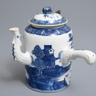 A Chinese blue and white chocolate jug with landscape design, Qianlong/Jiaqing