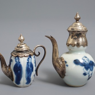 Two Chinese blue and white silver-mounted miniature teapots, Kangxi