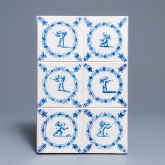 Six carreaux en faïence de Delft en bleu et blanc à décor de chérubins, Haarlem, 17ème