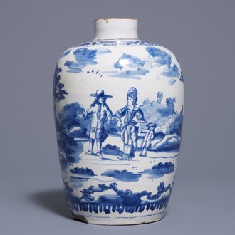 A Dutch Delft blue and white vase with a couple with child, 1st half 18th C.