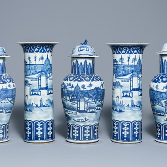 A Chinese blue and white five-piece garniture with port views, 19th C.