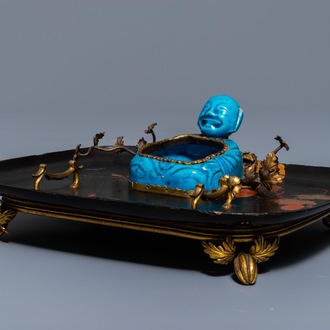 A French lacquer and gilt bronze inkwell with a Chinese turquoise-glazed brush washer, Kangxi and 19th C.