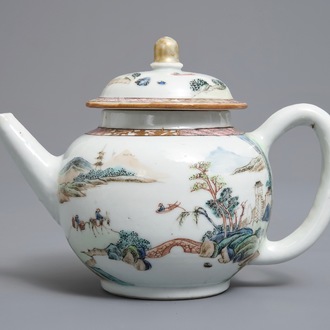 A Chinese famille rose teapot with travelers in a landscape, Yongzheng